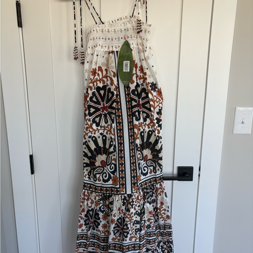 FARM Rio White and Brown Halter Midi Sundress Resort Wear